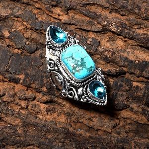 Turquoise and blue topaz Victorian style ring